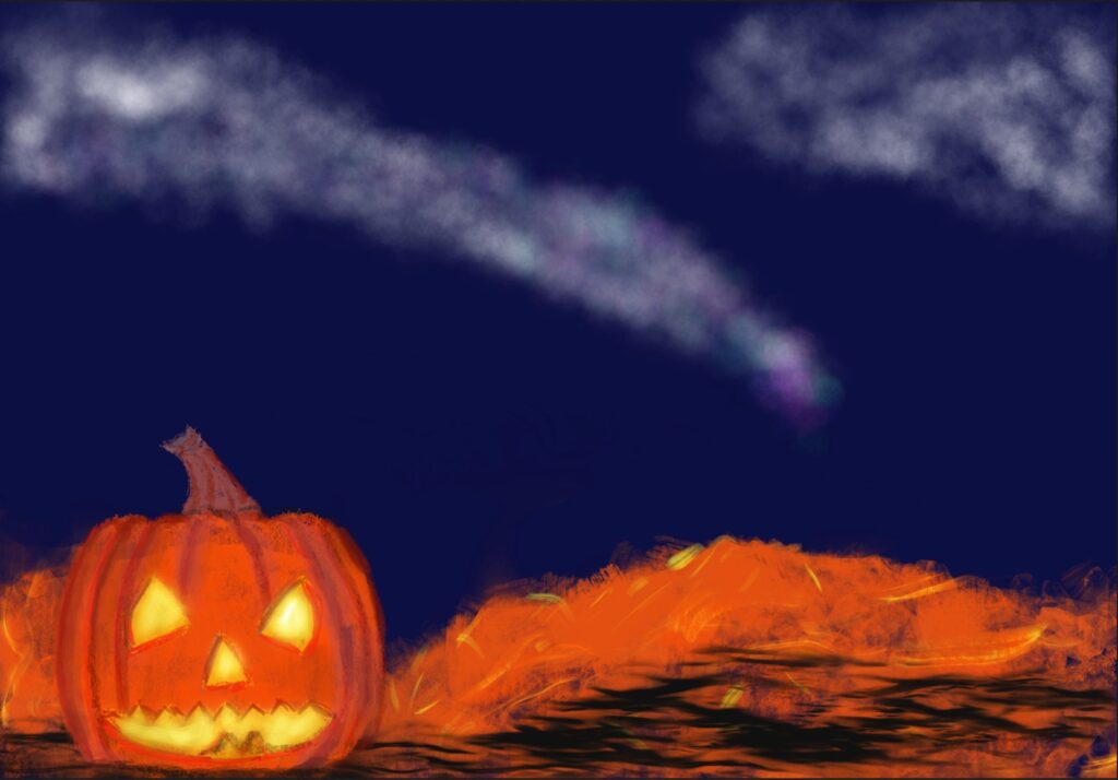 A carved pumpkin glows against a dark sky, with orange pumpkin guts scattered around and wispy clouds above.