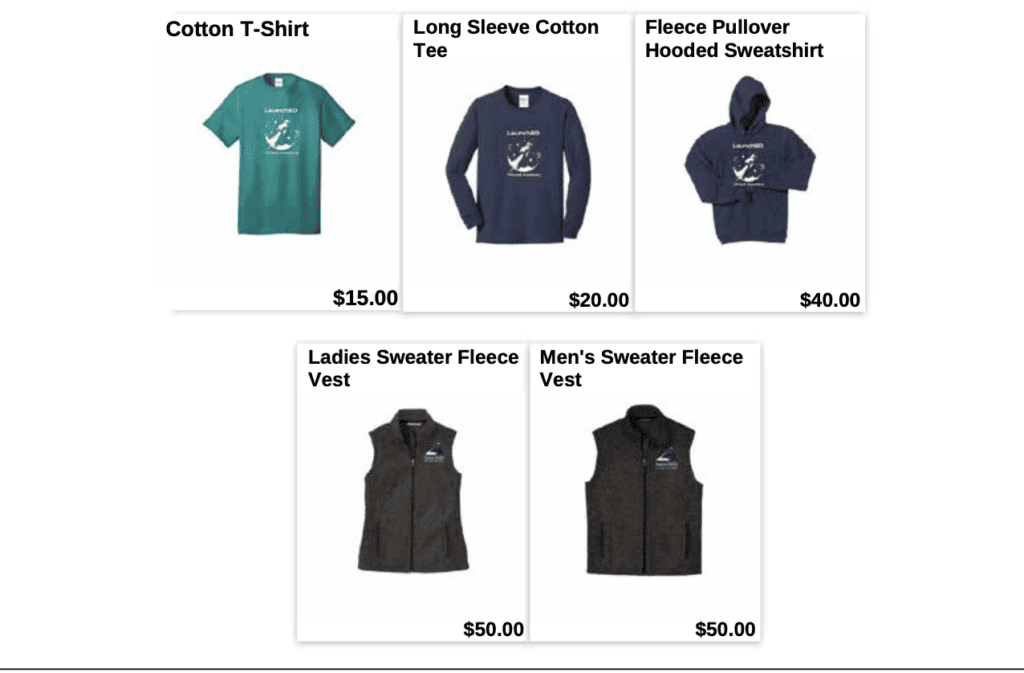 Image includes three different tshirts with a rocket ship and say LaunchED. There is a turquoise shirt, a navy long sleeve shirt, and a navy sweatshirt.