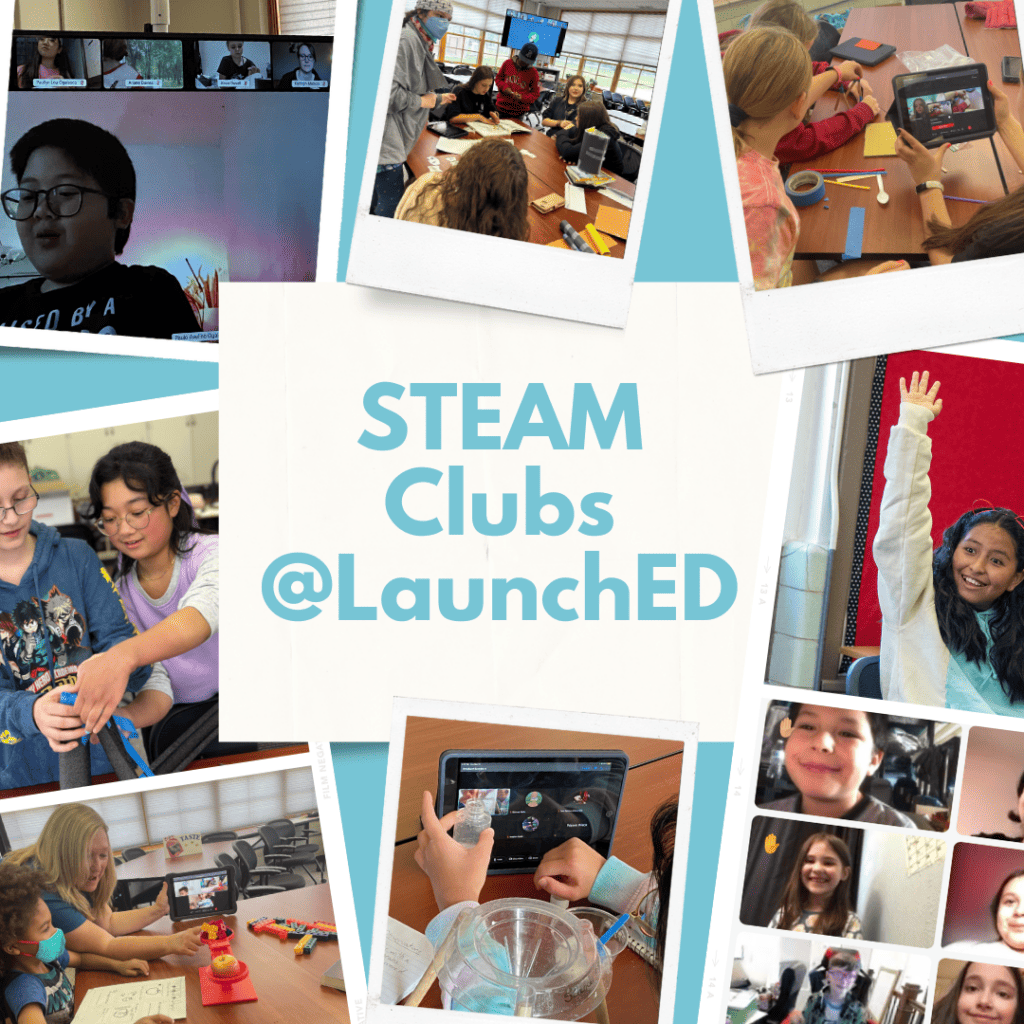 Collage of images with students participating in the STEAM clubs. There are pictures of students showing science experiments and pictures of students participating in an online class.