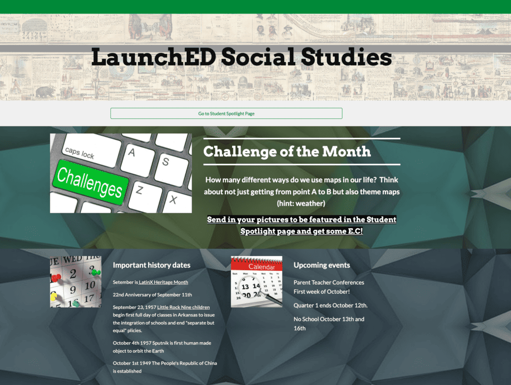 Screenshot of the Social Studies website that shares the challenge of the month, the important dates and upcoming events!
