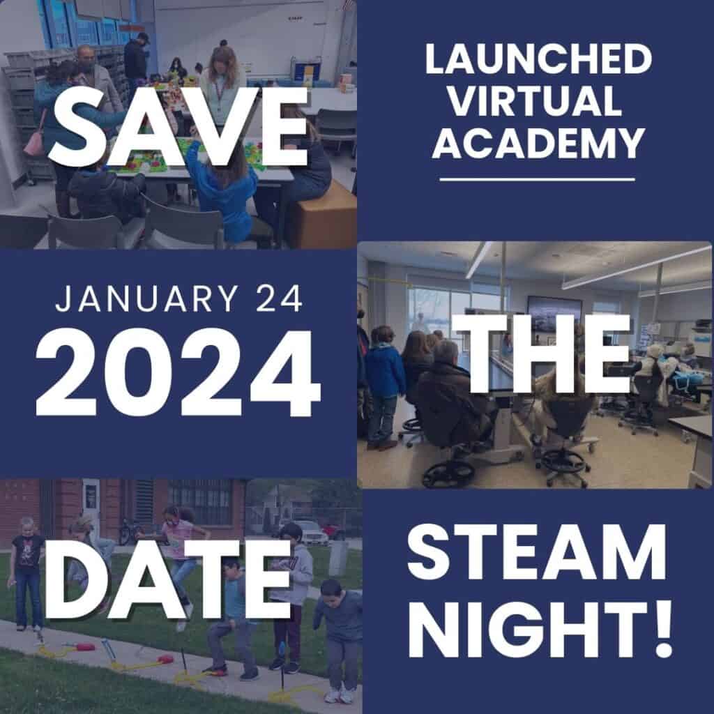 Poster with "Save the Date" and pictures of the event including students launching rockets, attending a career lecture, and playing with robotics.