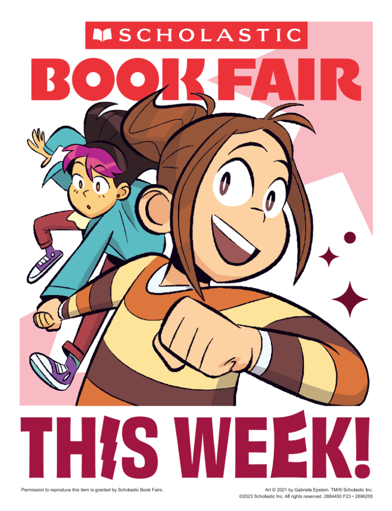 Image of two students running and holding hands going to the book fair