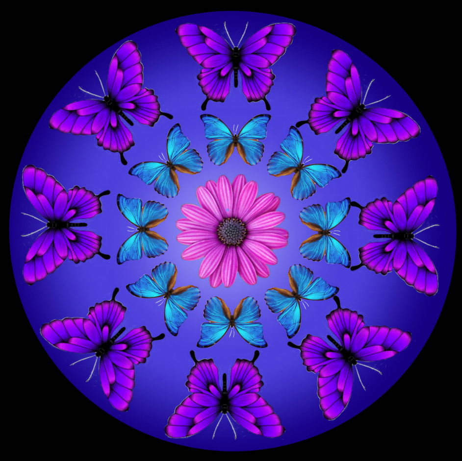 Mandala con mariposas y flores, creación artística digital