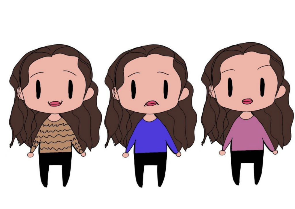 Digital art creation of three characters with brown hair, long sleeve shirts and pants.