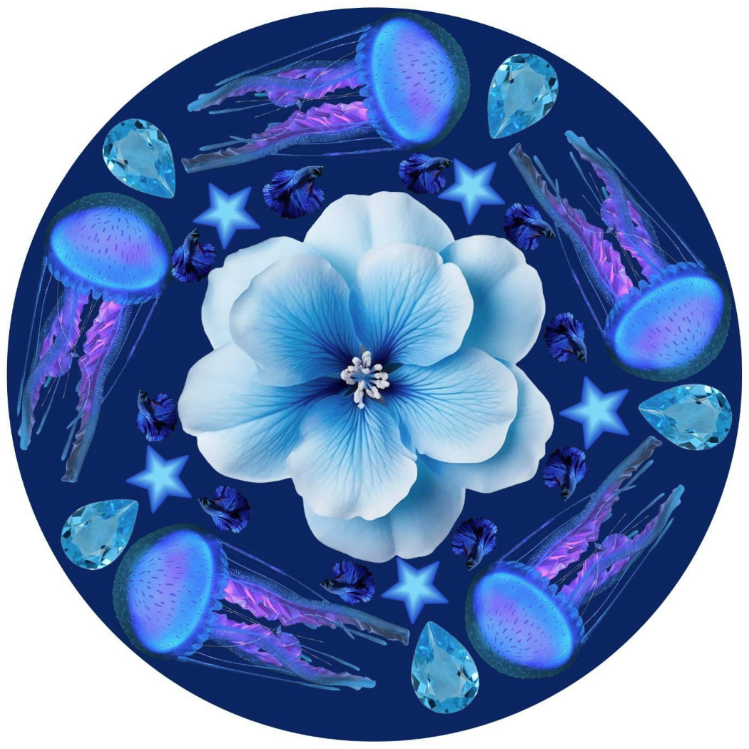 Circle mandala with flowers, jellyfish, and blue diamonds and stars
