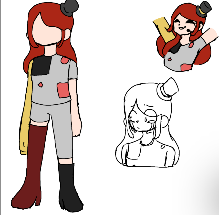 Personaje original de anime con cabello rojo, ropa gris, botas