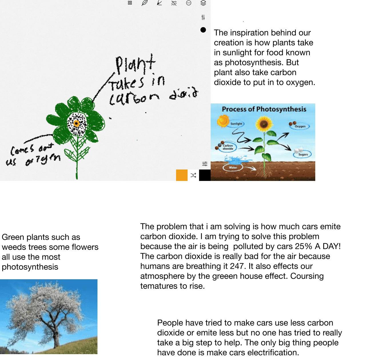 Image with the text of a students project stating that their inspiration for the biomimicry unit is the process of photosynthesis. They would like to figure out a car that could use the concept of photosynthesis to produce less carbon dioxide pollution.