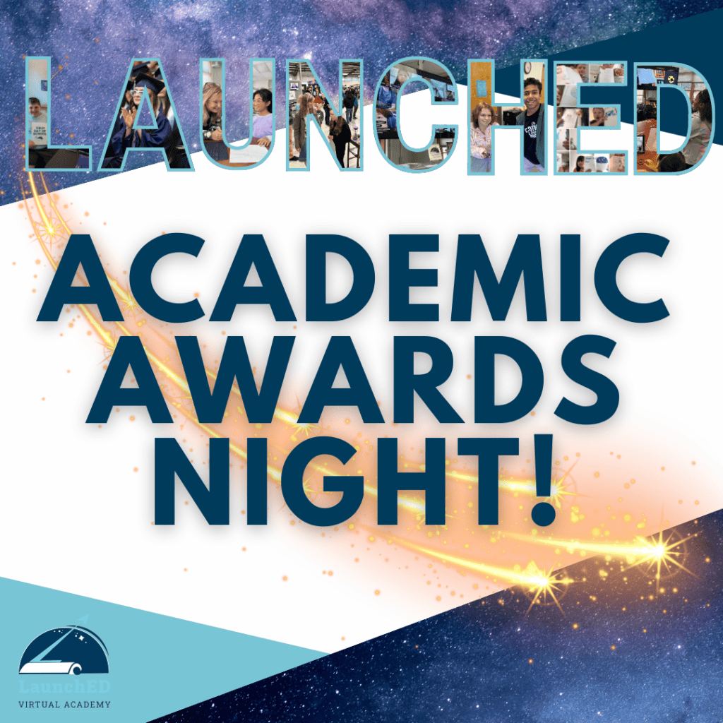 Graphic includes the letters L A U N C H E D with photos of students and a shooting star behind the letters