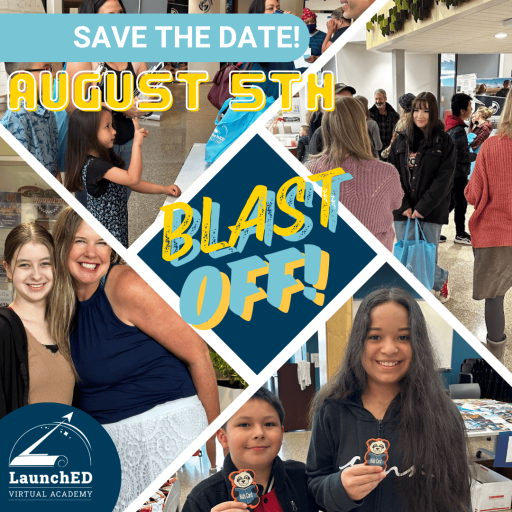 Picture with four photos including a teacher smiling with a student, two students holding up orange library cards and smiling, a student holding a blue bag and speaking with two teachers, and a student holding up her fingers to show her age.