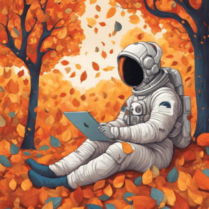 AI Generated drawing of an astronaut looking at an iPad tablet in the middle of an autumn forest. This is a decoartive image.