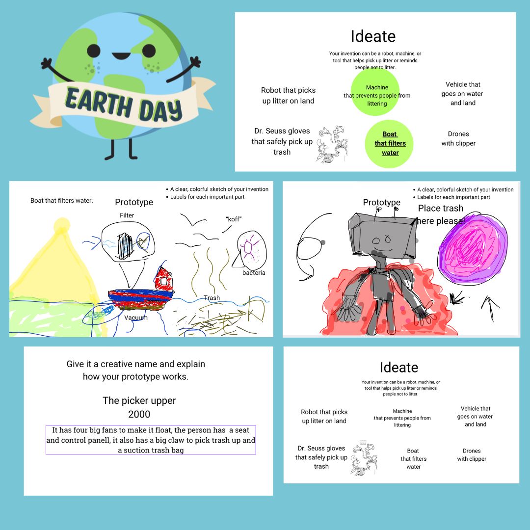A colorful poster about Earth Day featuring sketches of inventions for cleaning trash from water and land.