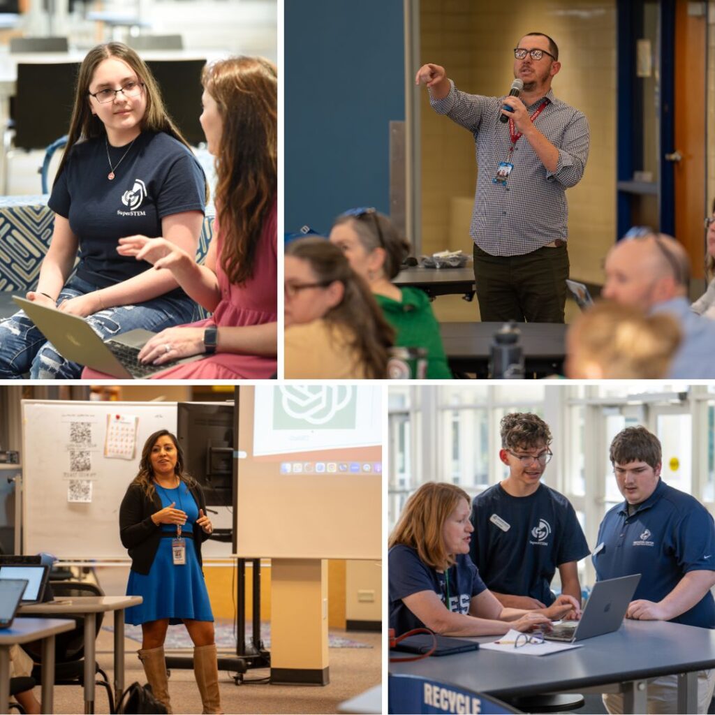 Images of a workshop: participants engaging, a presenter speaking, and groups collaborating over laptops.