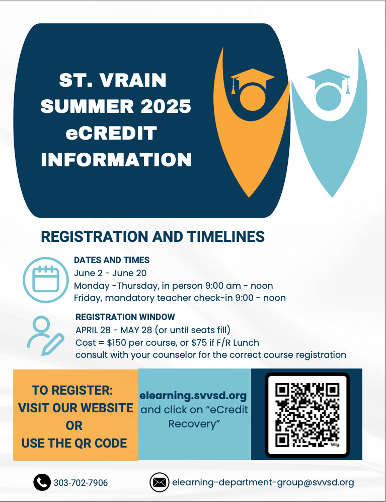 Information about St. Vrain Summer 2025 eCredit program, including dates, registration details, and costs.