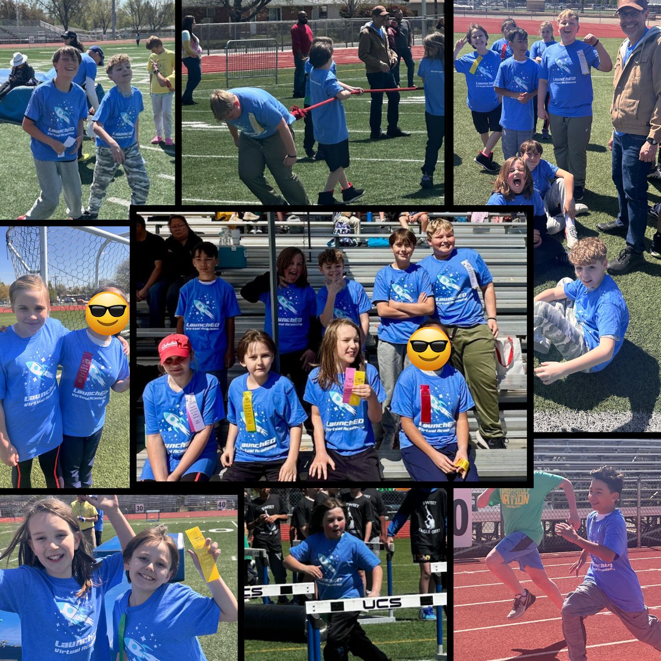 Students in blue shirts participate in various events at a sports day, showcasing teamwork and excitement.