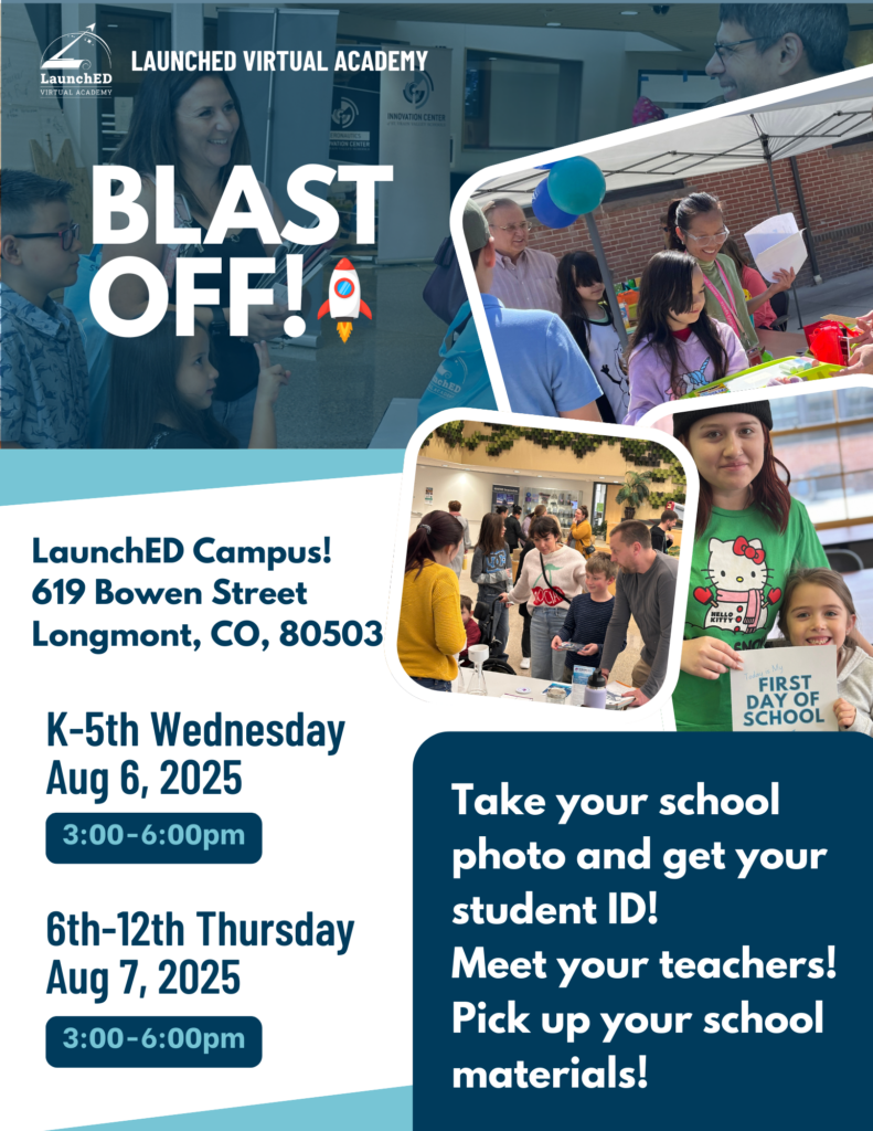 Event announcement for LaunchED Virtual Academy, including dates, times, and activities like school photo and ID pickup.