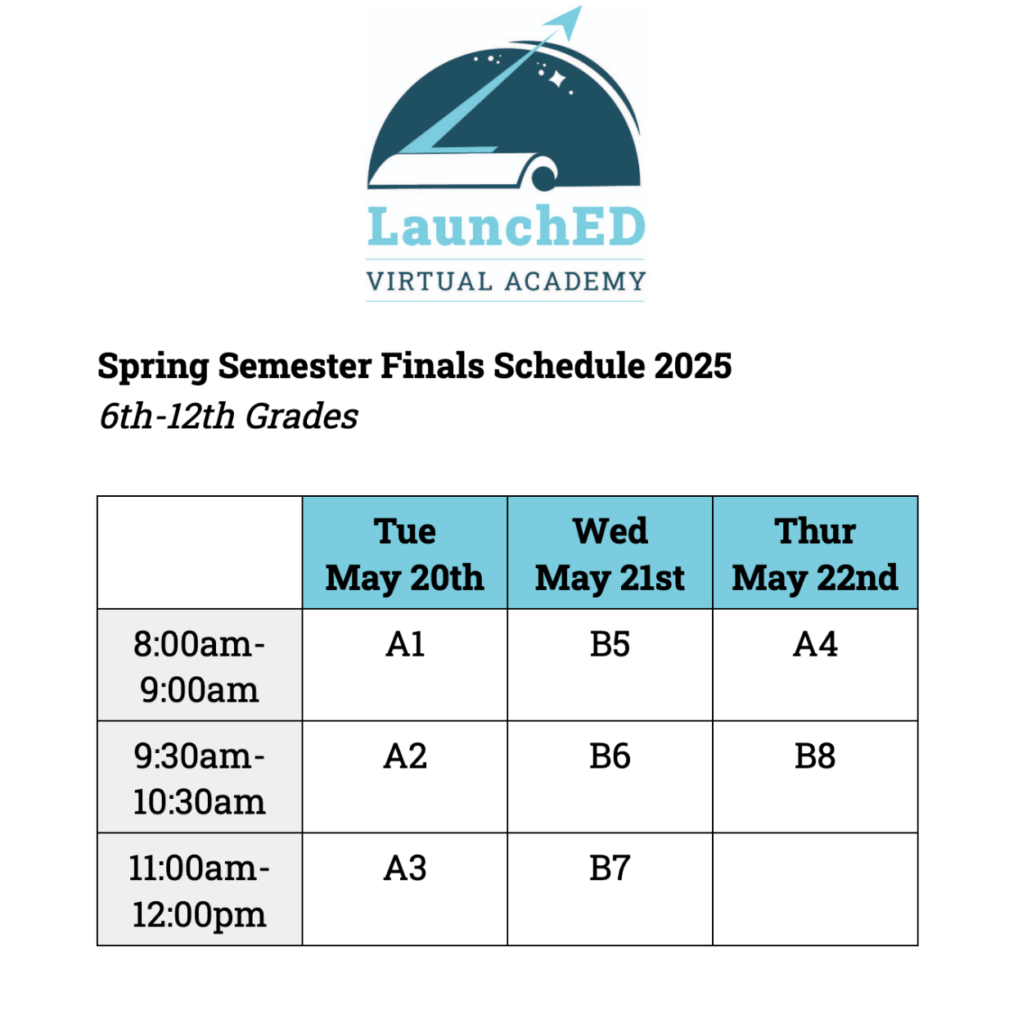 Finals schedule for LaunchED Virtual Academy, covering grades 6-12, on May 20-22, 2025.