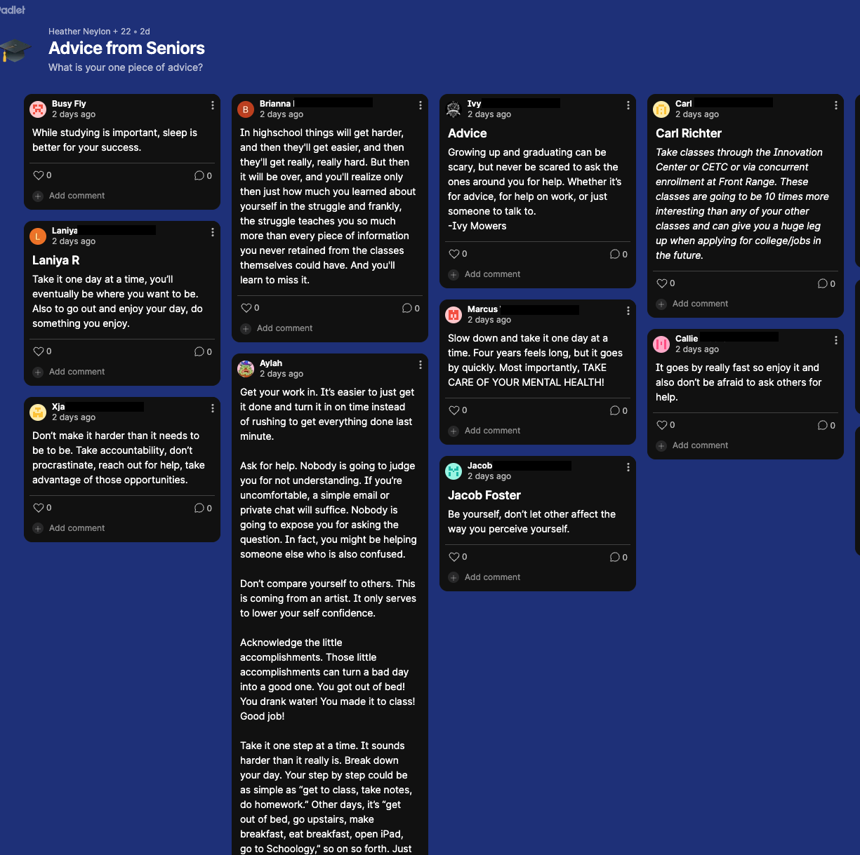 A collage of student advice from seniors, sharing insights on managing school stress and seeking help when needed.