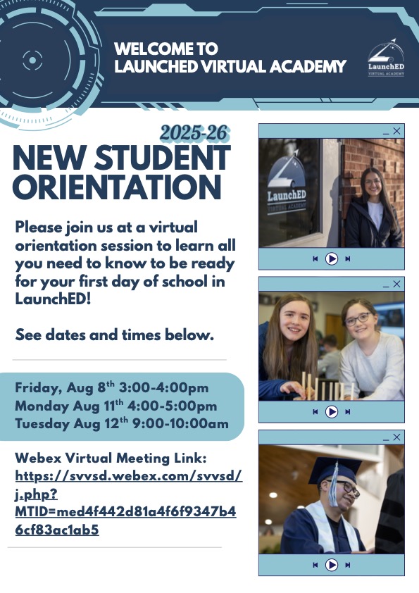 Graphic promoting a virtual orientation for new students at Launched Virtual Academy, featuring event details and images.