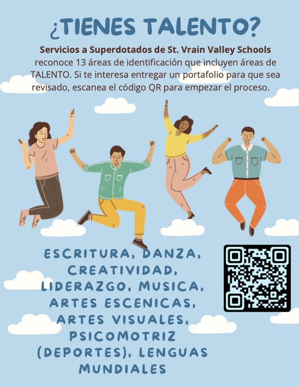 Colorful poster inviting talent submissions for St. Vrain Valley Schools, featuring diverse kids and a QR code for more info.