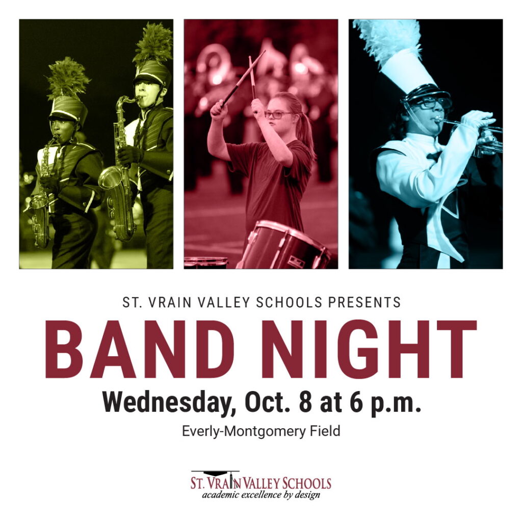 Image promoting Band Night at St. Vrain Valley Schools, featuring musicians and event details.