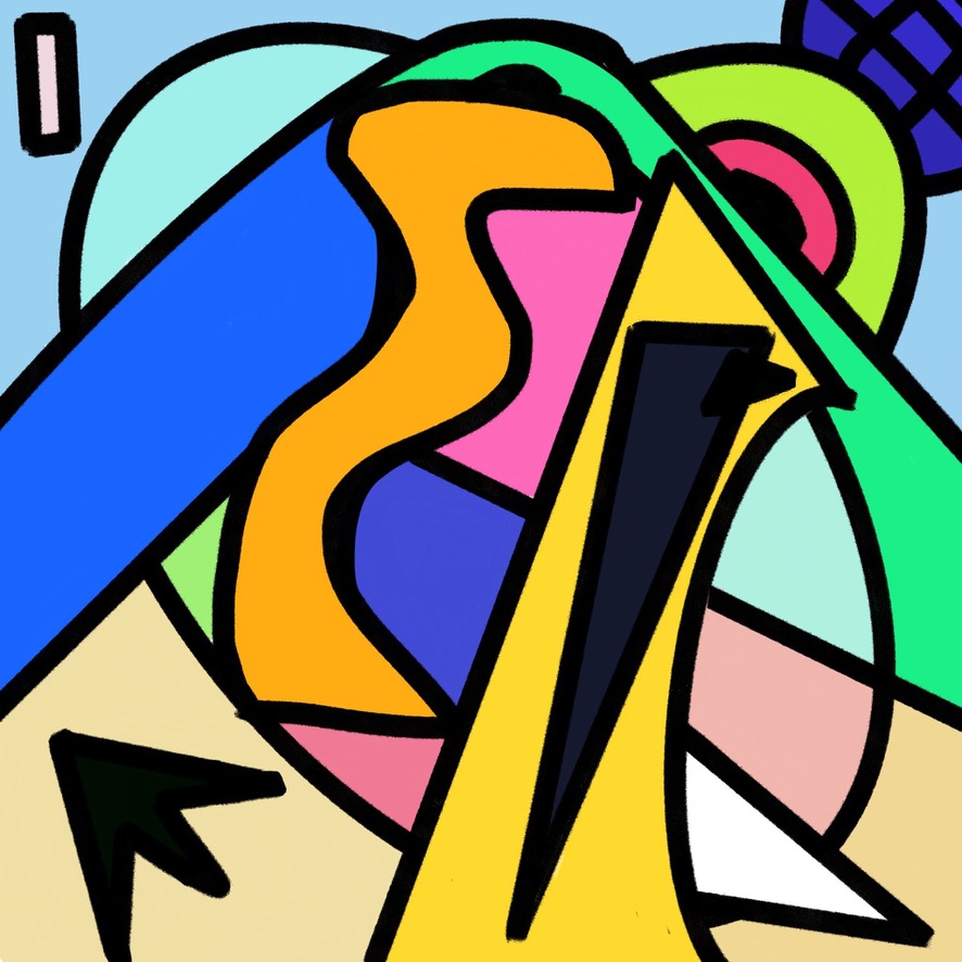 Abstract artwork featuring vibrant geometric shapes and bold colors, including blue, orange, and green elements.