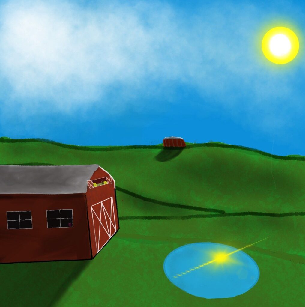 A red barn sits on green hills under a bright sun, with a small pond reflecting sunlight nearby.