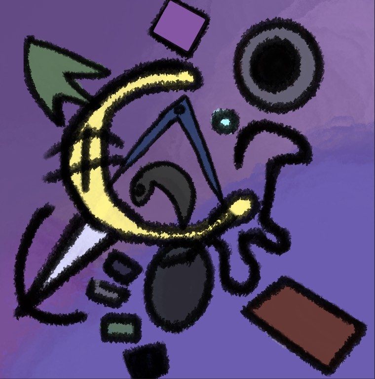 Abstract shapes and lines in various colors on a purple background, creating a dynamic, artistic composition.