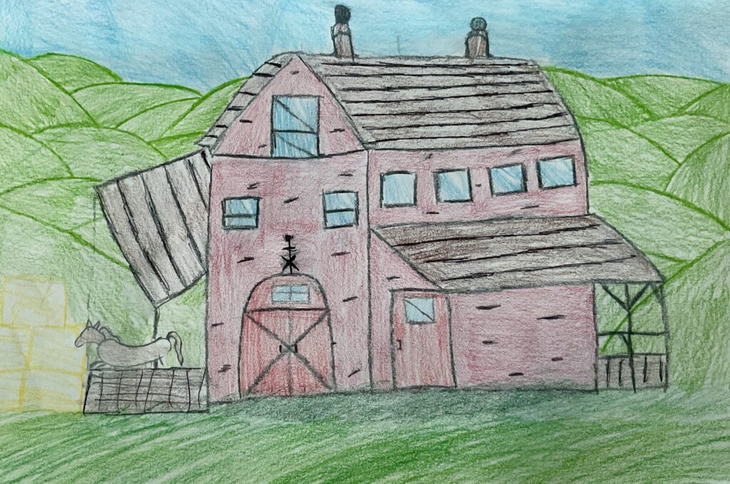 A colorful drawing of a pink barn with a horse nearby, set against rolling green hills and a blue sky.
