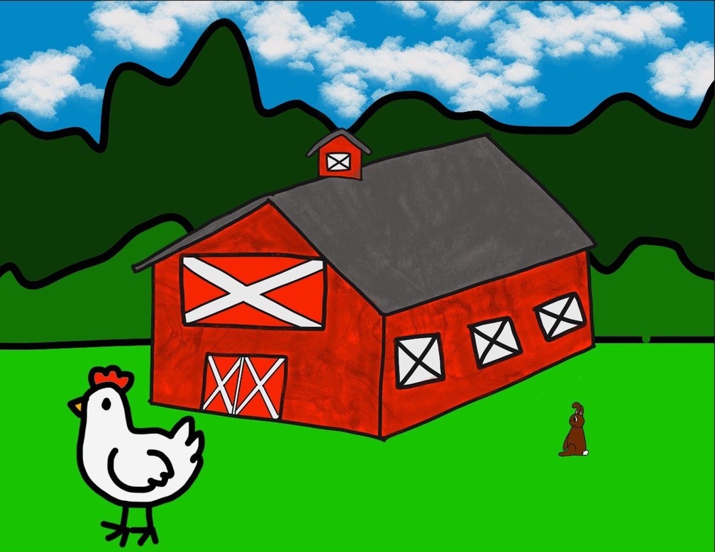 A red barn with a gray roof, a chicken in the foreground, and a brown rabbit nearby, set against green hills and blue sky.