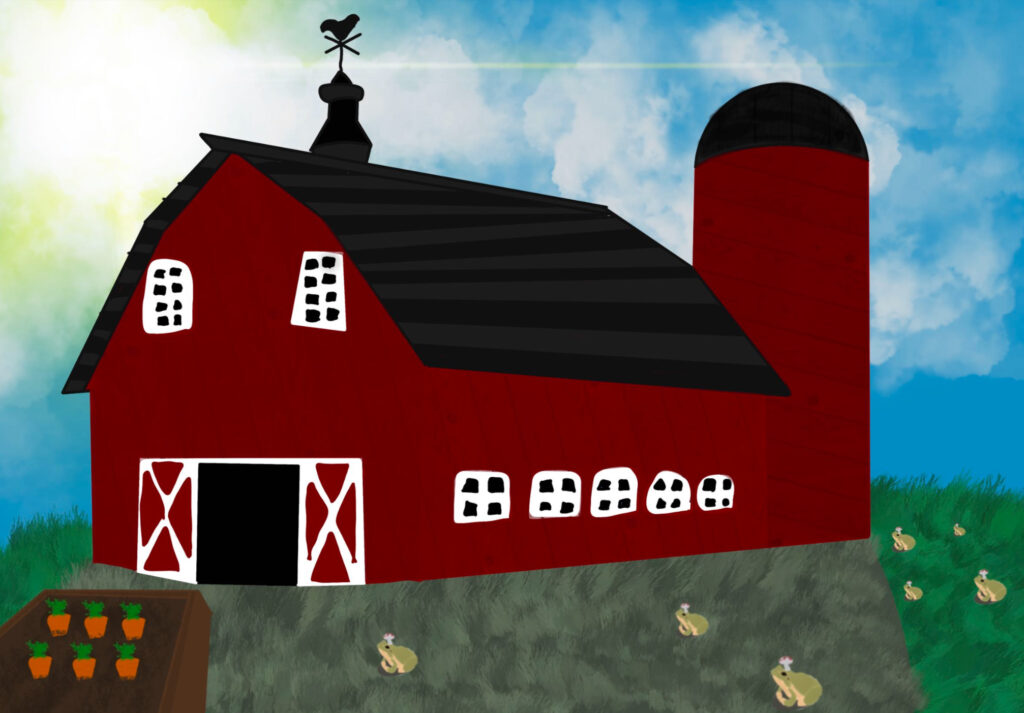 A red barn with a black roof and a silo, surrounded by grass and small vegetable patches, under a blue sky.