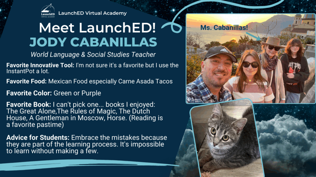 Image features Jody Cabanillas, a teacher, with students outdoors at sunset, plus a cat in the corner.