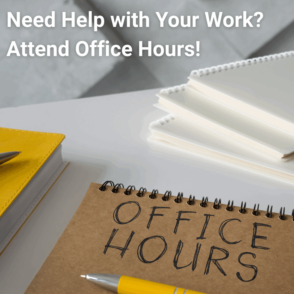 A desk with a notebook labeled "Office Hours," a yellow pen, and blank notepads in the background.