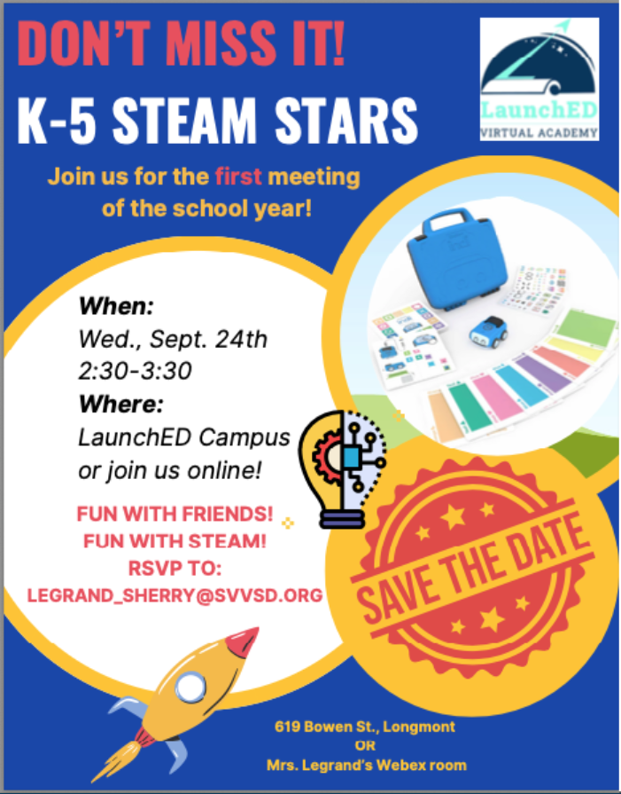 K-5 STEAM Stars meeting on Sept. 24, 2:30-3:30 at LaunchED Campus. RSVP to join fun with friends!