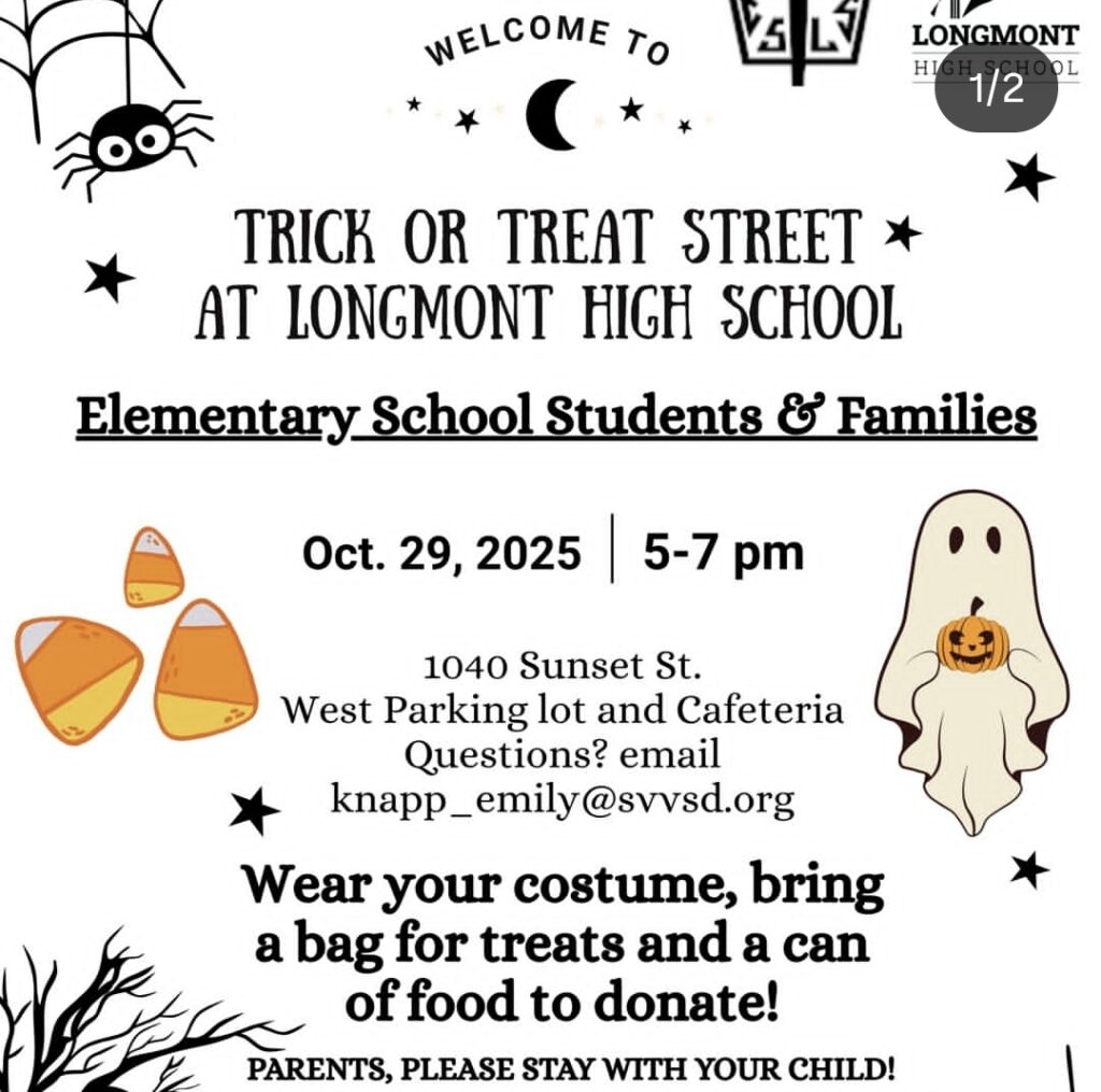 Event flyer for Trick or Treat Street at Longmont High School on Oct. 29, 2025, for elementary students and families.