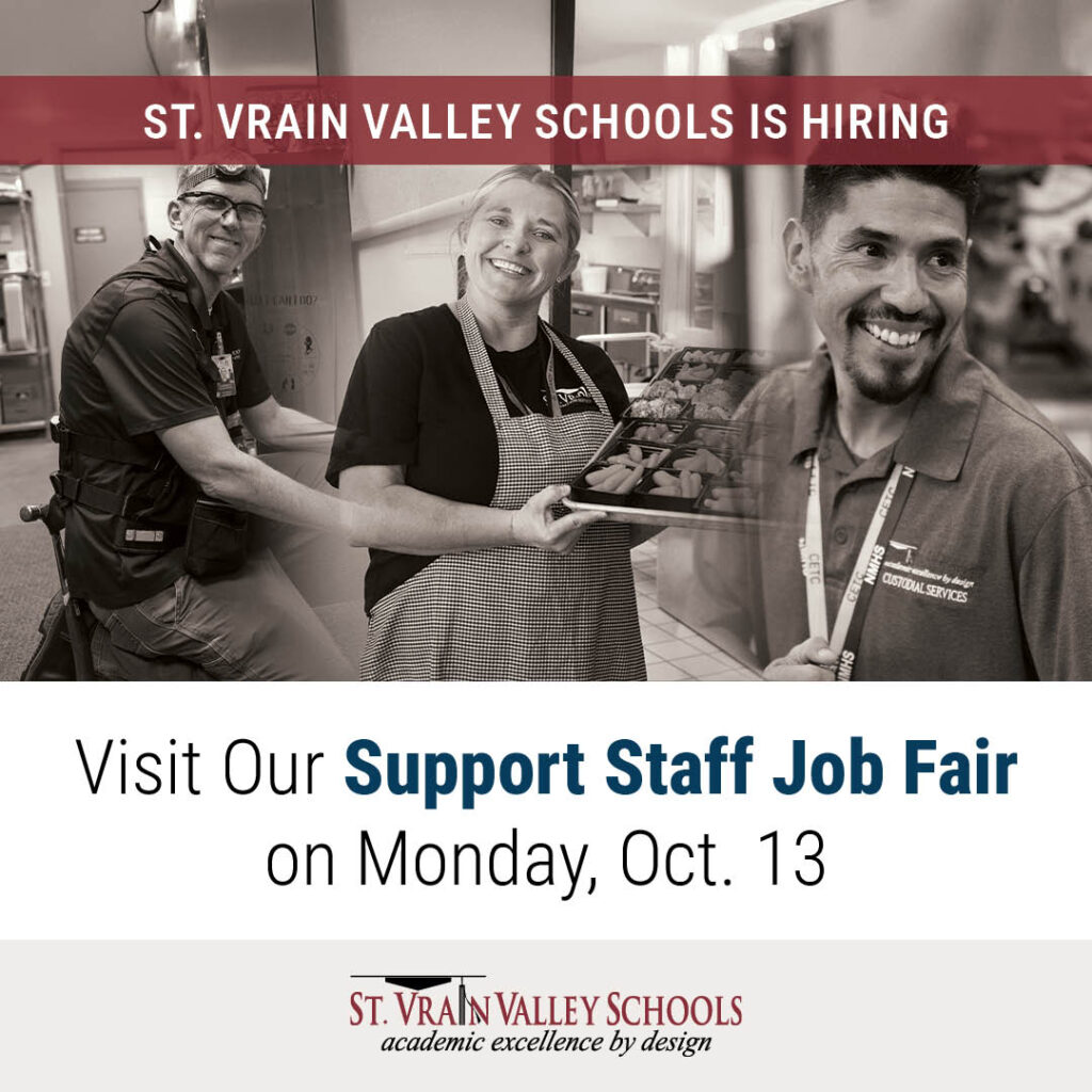 Image promoting St. Vrain Valley Schools' hiring event, featuring smiling staff and details about a job fair on October 13.