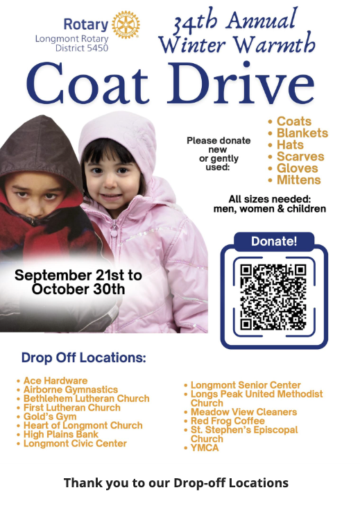 Poster for a coat drive featuring two children in winter clothing, with donation details and drop-off locations listed.