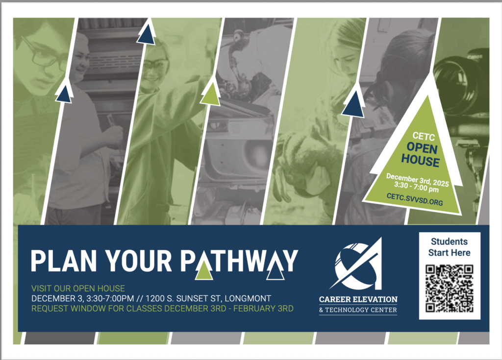 Graphic promoting a Career Elevation and Technology Center open house on December 3, 2025, with event details.
