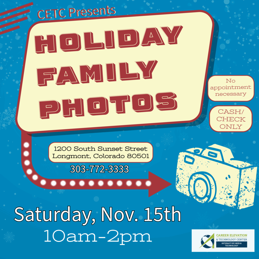 Event flyer for Holiday Family Photos on Nov. 15, 10am-2pm, at 1200 S Sunset St, Longmont, CO. Cash/check only.