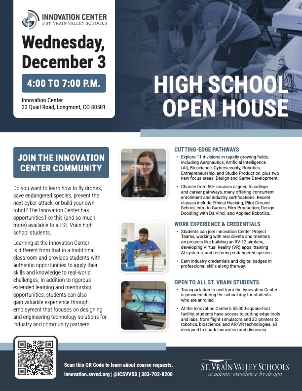 Image of a flyer for the Innovation Center's High School Open House on December 3, detailing programs and opportunities.