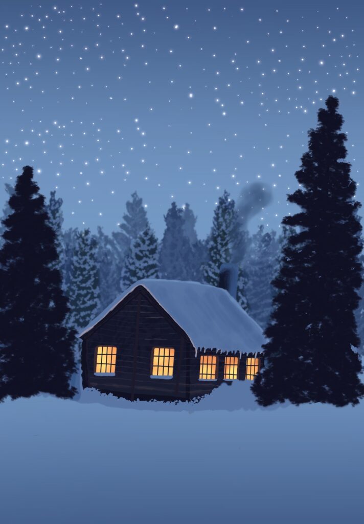 A cozy cabin with glowing windows surrounded by snow and tall evergreen trees under a starry night sky.