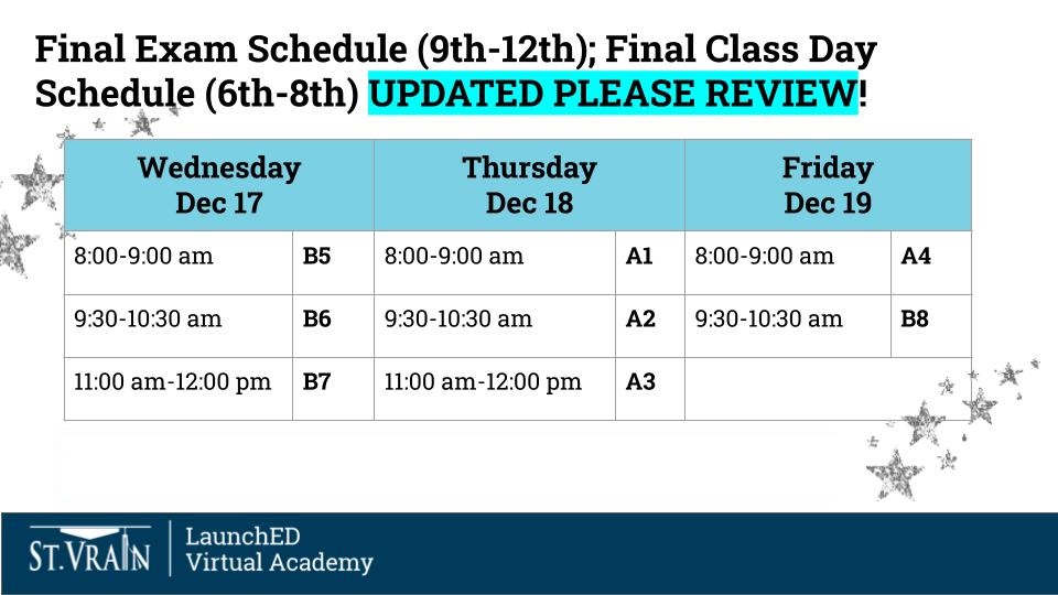Final exam schedule for December 17-19, including times and class details for grades 6-12.