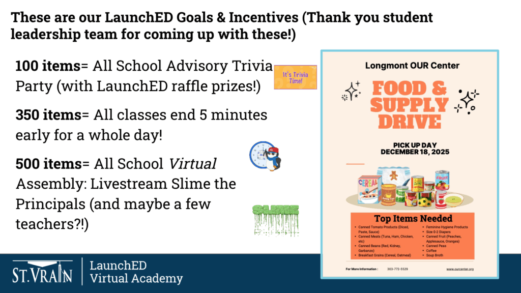 LaunchED goals: 100 items for a trivia party, 350 for early class dismissal, 500 for a virtual assembly event.