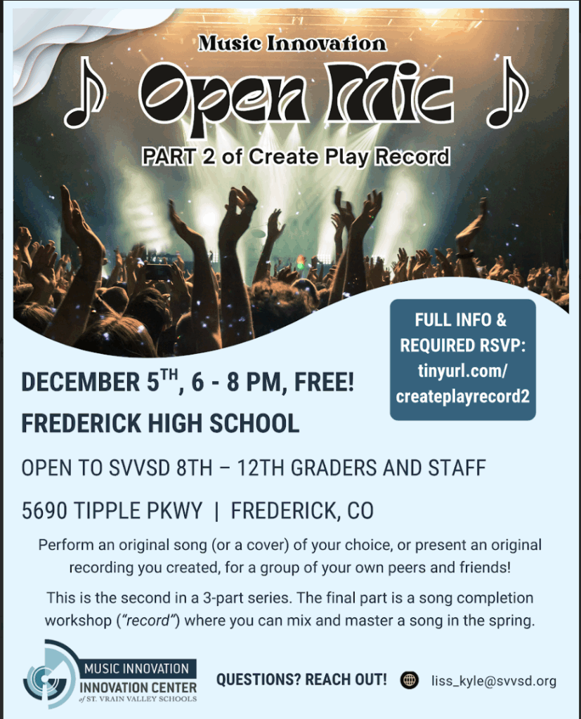 Open Mic event on December 5th, 6-8 PM at Frederick High School for SVVSD students and staff. RSVP required.
