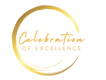 Gold circular logo with the text "Celebration of Excellence" in elegant font.