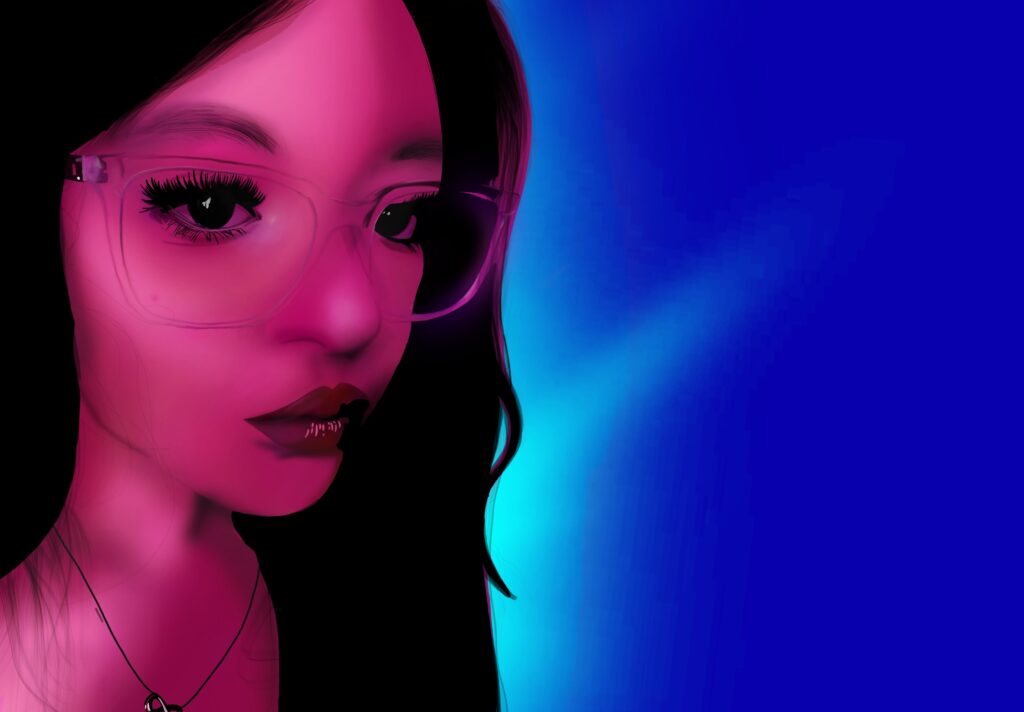 A stylized portrait of a woman with long dark hair, glasses, and a pink hue against a blue background.