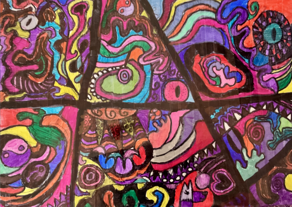 A vibrant abstract drawing with colorful swirls, shapes, and patterns, divided into sections with bold outlines.