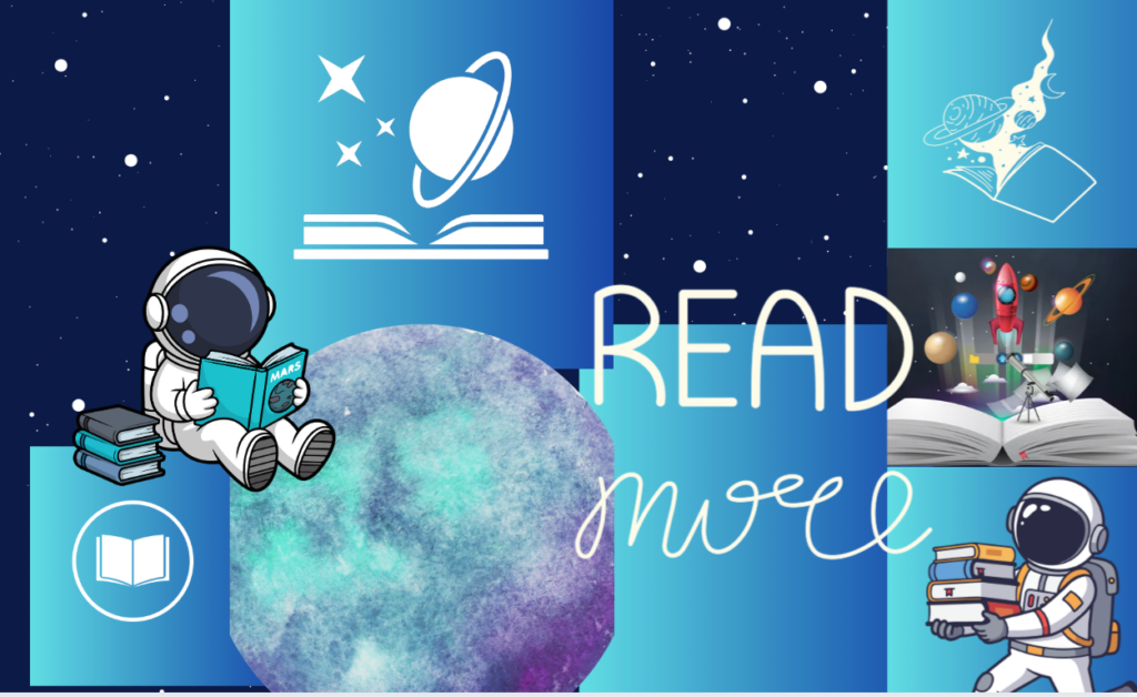 Astronauts reading books in a colorful space-themed design with planets and stars, promoting reading and exploration.