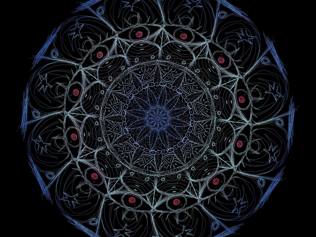 Un diseño circular de mandala con intrincados motivos en azul y rojo sobre un fondo negro.