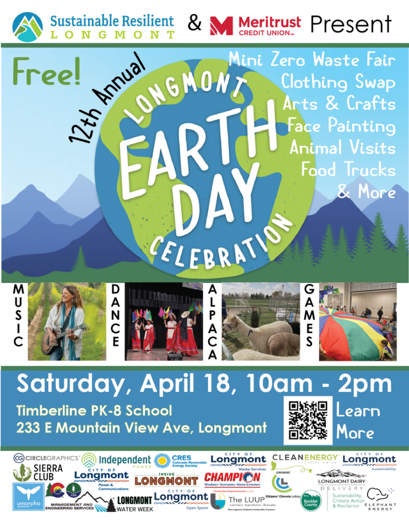 Cartel de la 12.ª edición de la celebración anual del Día de la Tierra en Longmont, que incluirá actividades como manualidades, food trucks y música el 18 de abril.