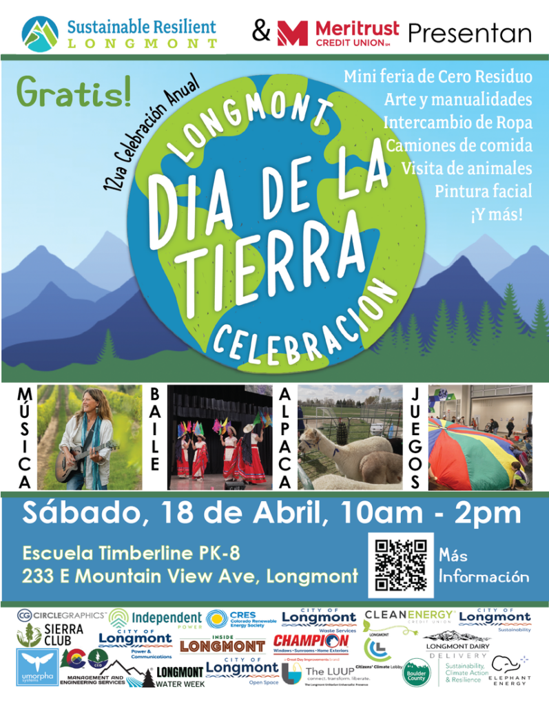 Folleto promocional de la celebración del Día de la Tierra en Longmont, el 18 de abril, con actividades, música y comida en la escuela Timberline.
